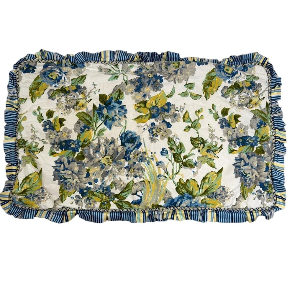 VTG Waverly King Pillow Sham Standard Blue Yellow Floral Striped Ruffle Cottage